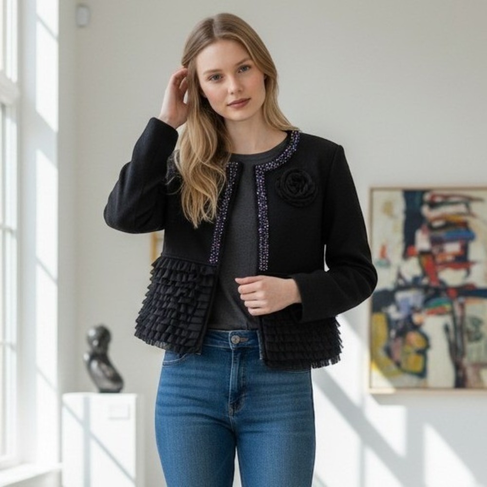 J Peterman Womens Black Beaded Ruffle Jacket Blazer Size 16 NEW